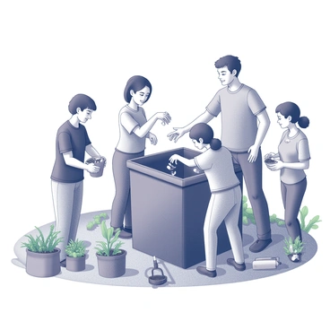 A community garden is depicted with multiple individuals gathered around a large compost bin. Several neighbors are actively engaged in adding food scraps, such as vegetable peels and coffee grounds, into the bin. One person is holding a small bucket filled with scraps, while another is using their hands to toss in organic matter. Surrounding the compost bin, there are green plants and gardening tools scattered about, showing a lively gardening environment. Each individual displays focused expressions as they contribute to the communal effort of composting.