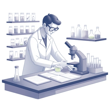 A scientist wearing a white lab coat is standing at a lab countertop filled with various scientific equipment and glassware. The scientist is focused on a beaker, carefully pouring a colored liquid into it. Nearby, there are test tubes arranged in a rack, a microscope, and open notebooks filled with notes. The background features shelves filled with jars containing specimens and additional lab equipment. The scientist has short hair and is wearing safety goggles, indicating a professional environment.