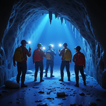 A group of explorers inside a cave, equipped with headlamps and handheld flashlights. The cave walls are rocky and uneven, covered with glistening mineral deposits. The explorers are wearing rugged outdoor gear, including helmets and backpacks. Bright beams of light from their flashlights create dramatic shadows on the cave surfaces, illuminating various stalactites and stalagmites. The floor of the cave is uneven, scattered with small rocks and puddles of water reflecting the light.