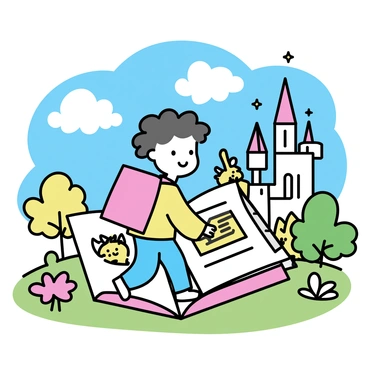 A child with curly hair, wearing a red backpack, is stepping through the open pages of a giant storybook. The book is set on a grassy hill, with vibrant illustrations of castles, dragons, and forests visible on the pages. Surrounding the child are colorful flowers and cartoonish trees with exaggerated shapes. Nearby, a friendly dragon is peeking from behind a page, while a whimsical castle stands tall in the background. The sky above is a bright blue with fluffy white clouds, creating a cheerful atmosphere.