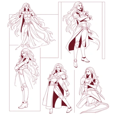 A character design sheet features a fantasy character with long flowing hair and intricate armor. The character is shown in multiple poses, including a dynamic action stance, a relaxed standing pose with arms crossed, and a thoughtful sitting position. Each pose highlights different facial expressions, such as determination, joy, and surprise. The background of the design sheet is divided into sections to organize the poses and expressions clearly. Various details of the armor, including ornate patterns and textures, are visible, showcasing the character's unique design.