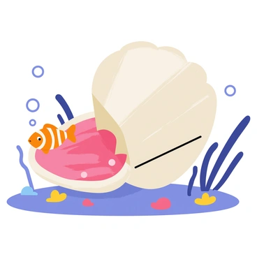 A clownfish with vibrant orange and white stripes is darting playfully around a massive, open-mouthed clam. The clam has a glossy, iridescent shell that reveals its soft, pink interior. Bubbles are rising from the clam, creating a lively atmosphere. The background is filled with blue ocean water and scattered pieces of colorful coral. Seaweed sways gently in the water, adding movement to the scene. The clownfish appears curious and energetic as it swims in and out of the clam's shell.