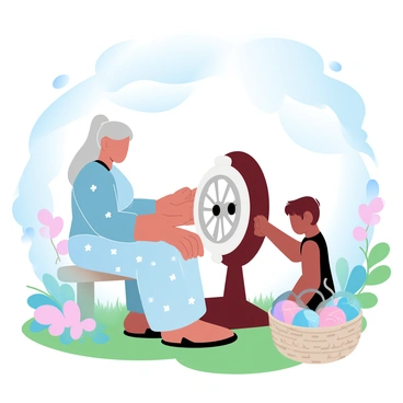 A grandmother is sitting beside a spinning wheel, demonstrating its use to her grandchild. The grandmother has silver hair tied back, wearing a comfortable long-sleeve dress with floral patterns. The grandchild is attentively watching, with small hands reaching toward the wheel's controls. Surrounding them is a lush backyard filled with blooming flowers and green grass. Sunlight filters through the trees, casting soft shadows on the ground. A basket filled with colorful yarn sits nearby, adding to the cozy atmosphere.