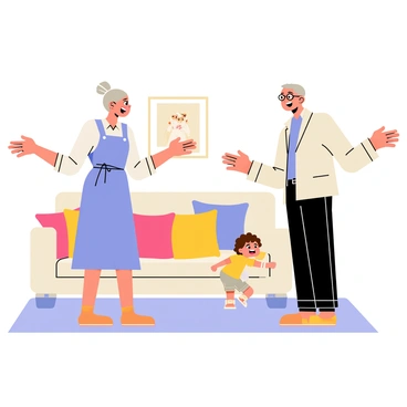 A scene depicting three characters: a pair of elderly grandparents and a small child. The grandparents, a woman with gray hair tied in a bun wearing a light blue dress and a man with glasses and a beige cardigan, stand with wide smiles and open arms. The grandchild, a toddler with curly brown hair, runs towards them, arms outstretched in excitement. The setting is a cozy living room with colorful cushions on a sofa, a cheerful family photo on the wall, and a sunny window casting warm light into the space. The expressions of joy and happiness are evident on all their faces.
