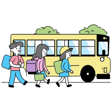 A group of four children, wearing colorful clothing, is eagerly boarding a yellow school bus. One child wearing a red t-shirt is holding a blue backpack and a green lunchbox. Another child, dressed in a pink hoodie, is carrying a purple backpack and is smiling as they follow the others. A third child in a yellow cap is adjusting their backpack, while the fourth child, wearing a blue dress, looks back at the camera with excitement. The bus has large windows and is parked on a sunny street with trees in the background.