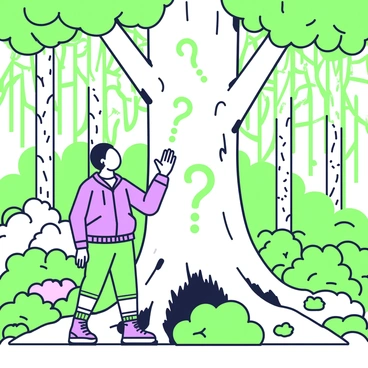 A person is standing in a dense forest, surrounded by various types of trees and lush greenery. The person is gazing up at a large tree that has distinctive carved question marks etched into its bark. The tree stands tall, with thick roots visible on the ground, and the question marks are scattered and vary in size, some deep and prominent, while others are smaller and more subtle. Sunlight filters through the leaves above, creating dappled patterns on the forest floor. The person is dressed in outdoor clothing, including a jacket and hiking boots, and has a thoughtful expression as they examine the intriguing carvings.