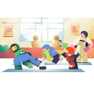 A group of four young Ninjago students is practicing stealth skills in a dojo classroom. Each student is wearing a different colored ninja outfit: one in green, another in blue, a third in red, and the last in yellow. They are positioned on soft gray mats that cover the wooden floor of the dojo. In the background, there are wooden training dummies and banners with ancient symbols hanging on the walls. The students are engaged in various stealth activities; one is crouching low while another is tiptoeing carefully. A large window lets in natural light, illuminating the scene with a soft glow.