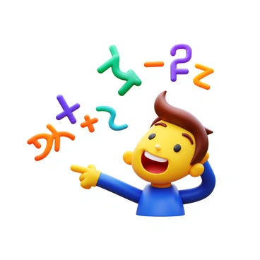 A cartoon character with bright colors and exaggerated features is interacting playfully with a floating, animated quadratic equation displayed in bold, vibrant colors. The equation has a dynamic and lively appearance, with the terms twisting and bouncing as if alive. The background features a simple, abstract design to emphasize the focus on the character and the equation. The character is pointing excitedly at the equation, displaying clear expressions of joy and curiosity.