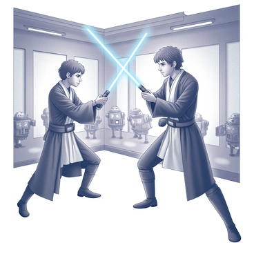 Anakin Skywalker and Obi-Wan Kenobi are engaged in a lightsaber duel in a training room. Anakin is positioned in an aggressive stance, holding a blue lightsaber with both hands, displaying a determined expression. Obi-Wan stands defensively, wielding his own blue lightsaber, ready to counter Anakin's moves. The training room features a high ceiling, with sleek metallic walls and a soft, illuminated floor. Various training droids are positioned in the background, observing the duel. The atmosphere is tense as the two Jedi focus intently on their sparring session.