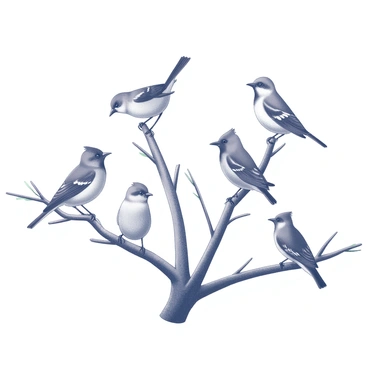 A collection of birds perched on tree branches. The birds vary in size and shape, each displaying intricate feather patterns. The branches are detailed with textured bark and small leaves. The background features a light sky, allowing the birds and branches to stand out prominently. Each bird has its unique pose and expression, creating a lively and dynamic scene.