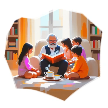 A warm scene depicting Karl Marx, a man with a beard and round glasses, sitting comfortably in a cozy living room. He is surrounded by his family, which includes his wife, Jenny, who has long dark hair, and their children, engaged in a shared moment of reading a story. Marx is seated in a large, upholstered chair, holding an open book, while his family members are gathered around him on a soft rug. The room is filled with bookshelves lined with books, a small table with a steaming cup of tea, and a window allowing natural light to flood the space. The atmosphere conveys a sense of intimacy and connection among family members.