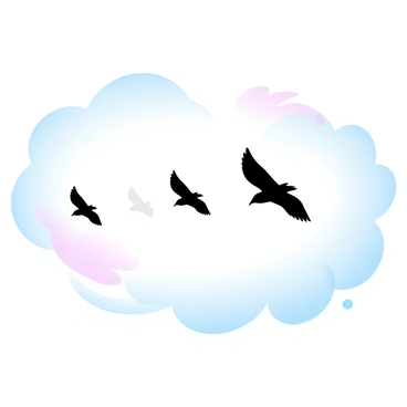 A flock of birds in V-formation with a single bird leading the way through the clouds