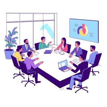 A group of executives from different countries is seated around a large rectangular table in a conference room. Each executive is dressed in formal attire, reflecting their respective cultures. The table is covered with a white tablecloth, and there are various documents and laptops in front of each person. A large screen on the wall displays a colorful pie chart. The room is brightly lit, with large windows allowing natural light to pour in. A potted plant sits in the corner, adding a touch of greenery to the environment. The executives are engaged in discussion, with some taking notes and others pointing at the screen.