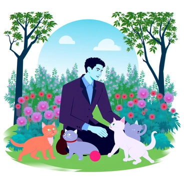 A man with short black hair and wearing a tailored dark suit is kneeling in a vibrant green garden filled with colorful flowers. He is surrounded by a group of fluffy kittens in various colors, including orange, gray, and white. The kittens are playfully batting at a small, bright red ball. The garden features tall trees, blooming bushes, and a clear blue sky above. Sunlight filters through the leaves, casting dappled shadows on the ground around them.