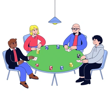 A round poker table is set in the center of the scene. The table is covered with a green felt surface, dotted with stacks of colorful poker chips. Four players sit around the table, each with a serious expression as they concentrate on their cards. One player has short brown hair and is wearing a black jacket, while another player has long blonde hair and a red shirt. A third player is wearing glasses and a blue sweater, and the fourth player has a bald head and a gray hoodie. The players' hands are visibly holding their cards, with a slight tension in their body language. A single dim light hangs above the table, illuminating the players and their cards.