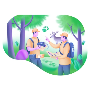 A group of wildlife conservationists is actively tracking animals in a lush green forest. They are wearing khaki clothing and carrying binoculars, maps, and tracking devices. Surrounding them are tall trees with vibrant green leaves and dappled sunlight filtering through the branches. In the background, there are signs of wildlife, such as animal tracks on the ground and a deer peeking from behind a tree. The team is focused, collaborating closely, with one member pointing towards a nearby area of interest while others take notes.