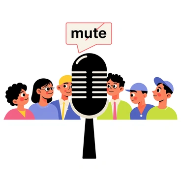 A microphone with a shiny black surface and a silver grille stands at the center of the image. Above the microphone is a bold "mute" symbol, depicted as a crossed-out speaker icon, emphasizing silence. Surrounding the microphone are several cartoon-style characters with curious expressions, each one keeping their mouths closed. The onlookers are a diverse group, including a person with glasses, a woman with curly hair, and a man with a baseball cap, all focused on the microphone, contributing to the atmosphere of anticipation.