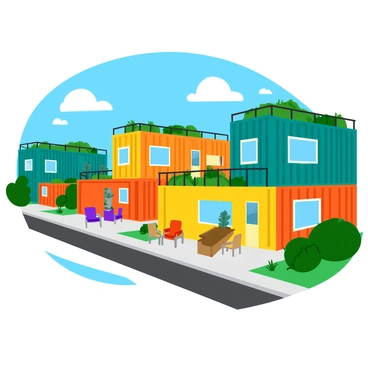 A neighborhood featuring modern homes constructed from stacked and modified shipping containers. Each home showcases a unique arrangement, with vibrant paint colors such as teal, orange, and yellow, highlighting the industrial aesthetic. Large windows allow natural light to fill the interiors, and some homes have green terraces with small plants growing. The street is lined with paved paths and dotted with contemporary outdoor furniture, creating inviting communal spaces for residents. In the background, a clear blue sky complements the scene, enhancing the overall lively atmosphere.