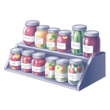 A wooden shelf displaying a variety of jars filled with homemade jams and pickled vegetables. The jars are glass with metal lids, showcasing their colorful contents. Each jar has a handwritten label detailing its contents. The shelf is organized with jars of different sizes, some containing vibrant fruits and others filled with assorted vegetables. The setting has a rustic feel, with natural wood grain visible on the shelf.