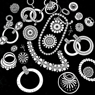 An elegant display of traditional Indian groom jewelry is arranged on a richly textured surface. A series of ornate necklaces with intricate designs featuring patterns and gemstone-like embellishments is prominently showcased. Various rings with elaborate carvings and detailed motifs are artistically scattered around the necklaces. Each piece of jewelry is accentuated by delicate chains and unique clasps, capturing the essence of traditional craftsmanship. The jewelry reflects a blend of cultural significance and artistry, inviting admiration from onlookers.