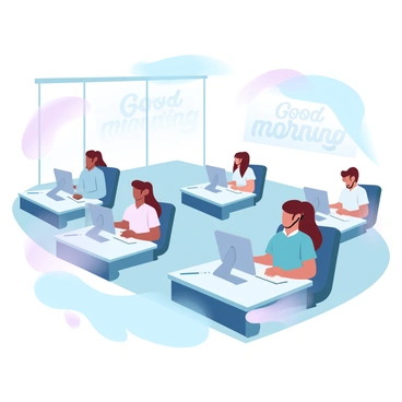 A call center with rows of desks arranged in a neat layout. A few agents are seated at their desks, each equipped with a computer and a headset. Soft, warm light is filtering in through large windows, casting gentle shadows across the room. The agents are focused on their screens, with notebooks and pens placed beside them. A serene atmosphere is created by the calm demeanor of the agents and the quiet hum of technology surrounding them. "Good morning" signs are visible on the walls, enhancing the welcoming environment.