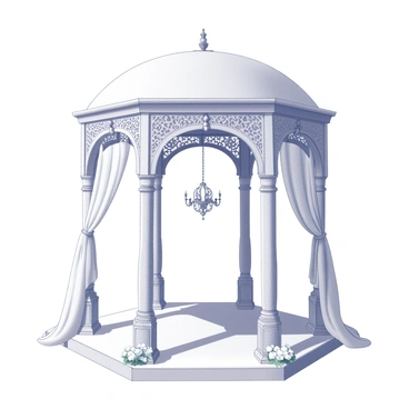 A mandap with intricately carved wooden pillars supporting a domed canopy. The structure is adorned with delicate lace-like white fabric draped elegantly from the top, creating a flowing effect. Pearl accents are strategically placed throughout, adding an element of sophistication. The floor is covered with a soft white carpet, enhancing the overall theme. Soft white floral arrangements are positioned at the bases of the pillars, while a central decorative piece hangs gracefully from the top, completing the serene atmosphere.