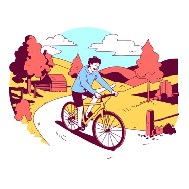 A yellow bicycle is being ridden by a man named Adam as he pedals along a winding path through a countryside landscape. The path is surrounded by trees with orange and red leaves, creating a vibrant autumn scene. In the background, rolling hills are visible, partially covered with patches of green grass and dotted with a few rustic wooden fences. Adam is wearing a light blue jacket and black cycling shorts, and he has a cheerful expression on his face as he enjoys the fresh air. The sky above is clear with a hint of soft white clouds.
