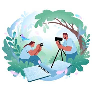 A group of researchers is setting up a hidden camera in a dense jungle. The researchers are wearing camouflage clothing and are positioned near a tree, carefully adjusting the camera on a tripod. Surrounding them are lush green foliage, tall trees, and various plants, creating a sense of depth in the jungle environment. In the background, hints of wildlife can be seen, such as colorful birds perched on branches, and the texture of leaves contrasting against the soft gradient of pastel colors in the scene. A small notebook lies open on a nearby surface, showcasing sketches of the species they hope to observe. The atmosphere is filled with the vibrant nuances of nature, emphasizing the excitement of discovery.