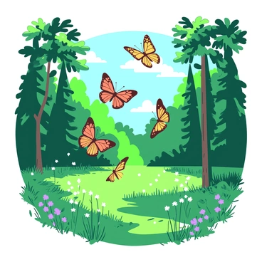 A vibrant swarm of brilliant butterflies with various patterns and colors is fluttering above a lush green forest clearing bathed in sunlight. The butterflies are in flight, their wings spread wide, showcasing striking hues of orange and yellow. Below them, the forest floor is covered with green grass, dappled with patches of sunlight filtering through the leaves of tall trees surrounding the clearing. Delicate wildflowers in shades of white and purple bloom amidst the greenery. The scene captures the lively atmosphere of nature in motion.