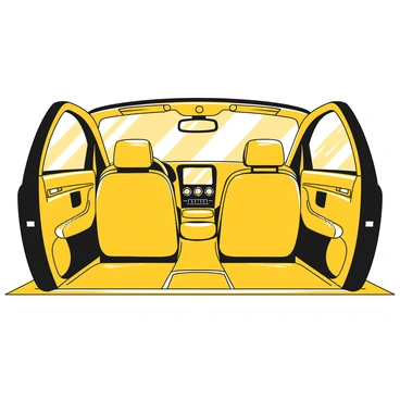 The interior of a sleek new sedan is displayed in a showroom. The seats are made of high-quality leather, showcasing a smooth texture with intricate stitching. The dashboard features a modern design with a large touchscreen display and a minimalist layout of buttons. Ambient lighting subtly illuminates the cabin, highlighting the spaciousness. A polished steering wheel sits in front of the driver’s seat, adorned with a brand emblem. The floor is carpeted with plush mats, and the windows are tinted to provide an elegant appearance.