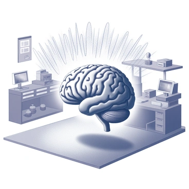 A large brain model in a laboratory with EEG wave patterns projected onto it