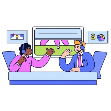 A modern studio setting with two sports commentators sitting at a sleek desk. The commentators are animatedly discussing a football match, one is gesturing with his hands while the other is pointing at a monitor displaying a live game. Both commentators are wearing headsets. Behind them, there are large screens showing highlights of the match, along with the team logos. The studio has bright lighting that enhances the energy of the scene.