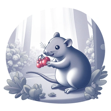 A small shrew is depicted with its tiny paws grasping a cluster of "bright red berries." The creature has a pointed snout and large eyes, showcasing its content expression as it nibbles on the berries. The forest setting features various green foliage and dense undergrowth, with subtle hints of texture from the trees surrounding the scene. Sunlight filters through the leaves above, casting gentle shadows on the forest floor where the shrew is foraging. The overall composition showcases the shrew's interaction with its environment, highlighting the natural beauty of the setting.