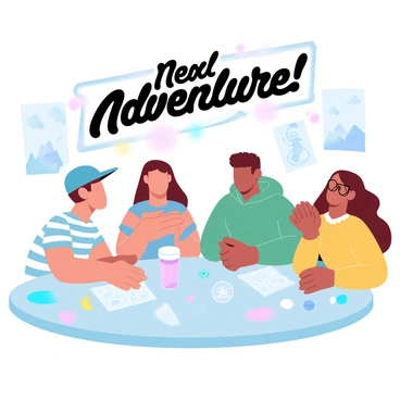 A group of four students is sitting around a large table filled with colorful snacks and drinks. Two boys are leaning forward, eagerly discussing ideas, one wearing a blue baseball cap and the other in a striped t-shirt. Across from them, two girls are enjoying the moment, one with long, flowing hair and a green hoodie, and the other with short hair wearing glasses and a bright yellow sweater. Above the table, a large banner reads "Next Adventure!" in vibrant letters. Various adventure-themed items, like maps and compasses, are scattered across the table. Brightly colored posters featuring landscapes and characters are pinned on the wall behind them, adding to the club's lively atmosphere.