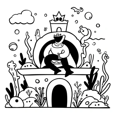 An underwater kingdom featuring a grand castle made of coral and seashells. The “Tuna King,” a majestic anthropomorphic tuna wearing a regal crown and cape, is perched on a throne made of large clam shells. Surrounding him are various sea creatures, including jellyfish and seahorses, showcasing their vibrant forms. Bubbles float around the scene, and colorful sea plants sway gently in the water currents, creating a lively aquatic atmosphere. Various treasures and artifacts, such as golden tridents and pearl-encrusted crowns, are scattered throughout the kingdom.