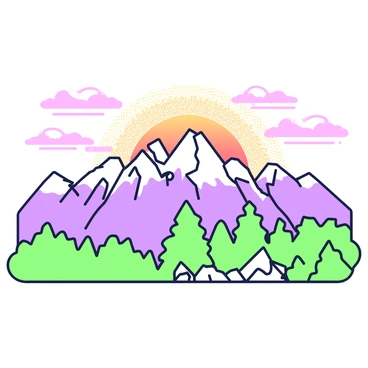 A majestic mountain range stretches across the horizon. The peaks are snow-capped, glistening in the fading light. The mountains exhibit a rugged texture, with sharp ridges and deep valleys. In the background, a vibrant sunset casts a warm glow across the landscape. The sky features a gradient of colors blending seamlessly, with intricate patterns of clouds scattered throughout. The lower part of the mountains is adorned with dense forests, while some rocky outcrops are visible, adding to the grandeur of the scene.