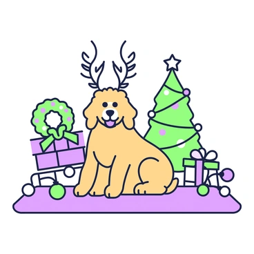 A goldendoodle is sitting on a festive rug, wearing a pair of reindeer antlers atop its head. The dog has fluffy fur with a warm hue, and its playful expression adds to the cheerful atmosphere. Surrounding the dog are various holiday decorations, including a string of lights featuring green and purple accents, a colorful wreath adorned with ornaments, and a stack of wrapped gifts with green and purple bows. In the background, there is a small Christmas tree decorated with ornaments and a star on top, completing the joyful scene.