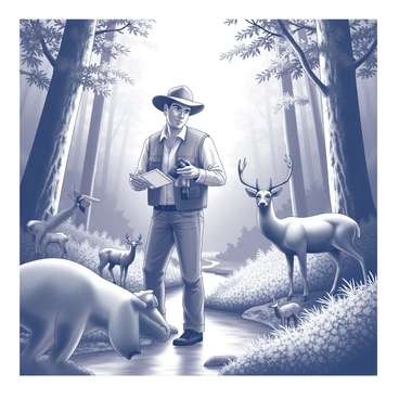 A wildlife expert is standing in a dense, lush forest. The expert is dressed in professional outdoor attire, complete with a utility vest and a wide-brimmed hat. In one hand, the expert holds a pair of binoculars, while the other hand is taking notes in a small notebook. Surrounding the expert, various animals are present, including deer grazing nearby and birds perched on branches. The foliage is rich and abundant, with a mix of tall trees and underbrush. Sunlight filters through the leaves, creating dappled patterns on the forest floor. In the background, a small stream can be seen flowing gently, adding to the serene environment.