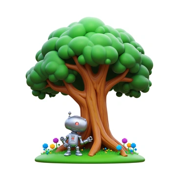 An ancient tree with a thick trunk and sprawling branches. The tree has lush green leaves and a gnarled appearance, showing its age. A small robot, metallic and with a humanoid shape, is carefully tending to the roots of the tree. The robot has intricate details and a friendly design, with small glowing lights. It is surrounded by a meadow filled with vibrant wildflowers in various colors. Soft grass flows around the base of the tree, creating a natural setting.
