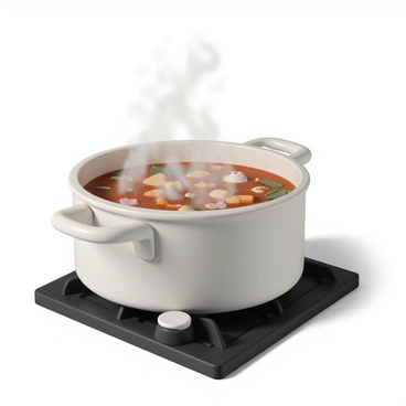 A large soup pot on the stove, steam and bubbles rising from a hearty broth