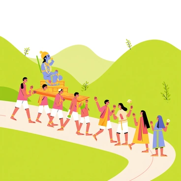 A group of devotees is walking along a winding path through lush green hills. They are dressed in colorful traditional clothing, with men in white dhotis and women in vibrant sarees. The devotees are carrying a large statue of Krishna, intricately decorated with gold and vibrant colors, on a wooden platform. Some of them are singing and chanting, while others hold flowers and offerings. The hills around them are dotted with small trees and wildflowers, and the sky above is a clear blue.