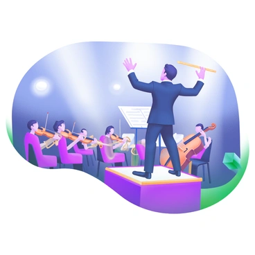 A conductor standing on a raised podium, leading a symphony orchestra with passionate gestures. The conductor is dressed in a formal black tuxedo, with a baton held high in one hand. The orchestra is composed of musicians playing various instruments, including violins, cellos, and brass instruments. Bright stage lights illuminate the scene, creating a vibrant atmosphere. In the background, the audience is partially visible, captivated by the performance. The atmosphere conveys energy and enthusiasm.