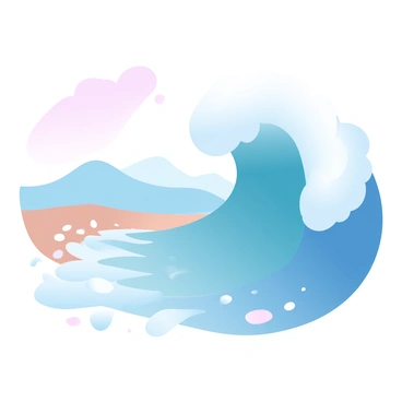 A large frothy ocean wave is curling towards the shore, its crest spilling over with white foam. The wave is a deep blue, reflecting the light of the sun, and the water beneath it is a lighter turquoise color. The shoreline is covered with wet sand that glistens in the sunlight, with small shells scattered across it. In the background, there are gentle rolling hills that fade into the horizon. The sky above is filled with soft gradient pastel colors, transitioning from light pink to light blue, enhancing the tranquil scene.