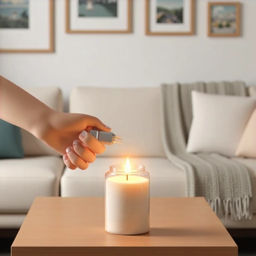 A human hand, with neatly trimmed nails, is holding a silver lighter. The lighter's flame is flickering as it ignites the wick of an aromatic candle placed on a wooden coffee table. The candle is in a glass jar, filled with a warm, glowing light. Surrounding the candle, the cozy living room features a plush sofa with soft cushions, a knit blanket draped casually over one armrest, and a few framed pictures on the walls. A warm glow fills the room, creating an inviting atmosphere.
