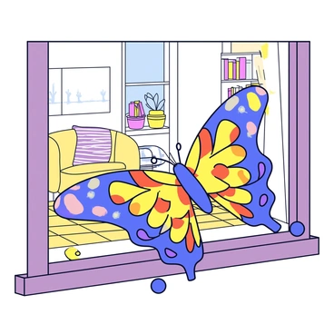 A detailed illustration of a "schmetterling," which is a butterfly, resting on a wooden window sill. The butterfly has colorful wings with intricate patterns in shades of blue and orange. Through the window, a glimpse of a cozy room is visible. Inside the room, there is a soft armchair with a knitted blanket draped over it. A small bookshelf filled with colorful books is situated against the wall. A potted plant sits on the ledge inside, adding a touch of green to the scene. Sunlight streams through the window, creating warm highlights on the sill.