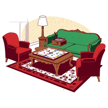 A duotone living room in the 1920s features an old-fashioned monopoly board set on a polished wooden coffee table. The board is neatly arranged, displaying various property spaces and colorful player pieces. Surrounding the table, there are plush armchairs upholstered in a rich red fabric, and a green velvet sofa with ornate detailing. A vintage gramophone sits in one corner of the room, and a tall floor lamp with a white shade illuminates the space. The walls are adorned with intricate wallpaper, and a decorative rug covers the hardwood floor beneath the furniture.