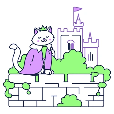 A cat dressed in elaborate medieval attire is sitting on a stone castle wall. The cat has a small, regal cape draped over its back, embellished with intricate patterns. A tiny crown rests on its head, glimmering in the sunlight. The wall is made of rough stones, with ivy climbing up along the edges. In the background, there are tall towers of the castle reaching towards the sky, and a blue flag waving gently in the breeze. The scene captures the essence of a noble feline amidst a medieval setting.