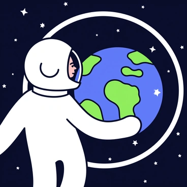 An astronaut in a sleek, white spacesuit is floating in the dark expanse of space. The helmet reflects the stars and the vastness surrounding them. Close to a large, circular window, the astronaut is gazing thoughtfully at the blue and green planet Earth below. The window frame provides a clear view of the continents and the swirling clouds. The scene highlights the contrast between the deep black of space and the vibrant colors of the Earth.