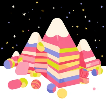 A mountain of piled peppermint candies under a starry sky