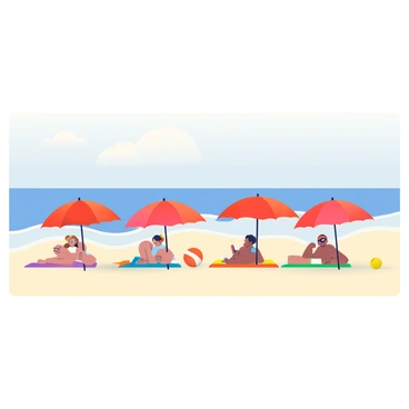 A row of vibrant red umbrellas is lined up along a sandy beach. Each umbrella is open, providing shade to sunbathers relaxing underneath. The sunbathers are sprawled out on colorful beach towels, some wearing sunglasses, while others are reading books or chatting. In the background, gentle waves are lapping at the shore, and a clear blue sky stretches above, dotted with a few soft white clouds. A beach ball lies nearby, adding a playful touch to the scene.